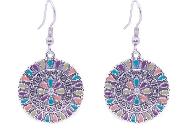 Pendientes bohemio vintage de plata tibetana y acero inoxidable plateado. Pendientes redondos mujer colgantes. Pendientes mujer esmaltado Ideal para regalar.