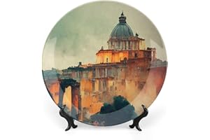 Gokays Decorative Plates for Wall Hanging, Old Rome Cityscape Skyline Painting Ceramic Plate, Wobble-Plate with Display Stand, Home Decor for Kitchen Cabinets, Farmhouse Round Tray 15 CM