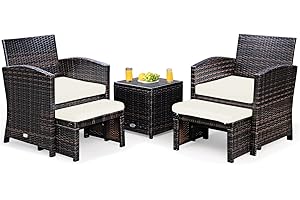 GOPLUS Juego de muebles de jardín de 5 piezas, polirratán con otomano, salón de jardín con mesa auxiliar, muebles de balcón, muebles de balcón, muebles de terraza, conjunto de asientos, color blanco