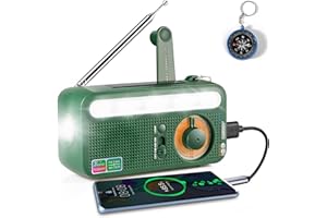 Tefelan AM/FM - Radio de manivela portátil con función de carga de teléfono móvil, solar, batería recargable incorporada de 2000 mAh, brújula, linterna LED, alarma SOS para emergencia, Ourdoor (verde)