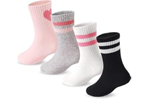 DRESHOW Calcetines Niñas Calcetines Deporte Niña con Corazones Rayas 4 Pares para Niños 4-10 Años