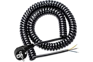 Alargador espiral con contacto de protección 250V / 16A, cable espiral KEAGAR de 3 hilos, extensible de 0,75 m a 2 m, alargador con enchufe espiral con contacto de protección, IP20 uso interior, negro