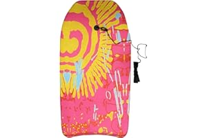 Koopp Large 36" Boogie Board Bodyboard Surfboard Float for Adults and Teens with Leash & Plug - Lightweight and Durable Foam Body Board for Beach, Ocean Surfing and Pool Fun - Pink & Yellow Sun