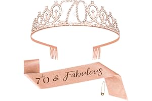 Fowecelt 70th Birthday Sash Tiara - Rose Gold Birthday Queen Tiara and Sash for Women, Rhinestone Crowns Kit for 70th Birthday Gifts, Crystal Tiara Satin Sash for 70th Birthday Party