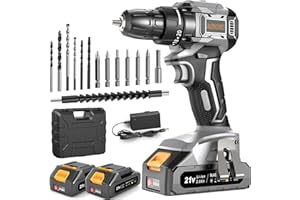AKZWOXRO Trapano Avvitatore Batteria 21V, Brushless Avvitatore a Batteria con 2 Batterie da 2.0Ah, 45N.m di Coppia, 2 Velocità, 20+1 Coppia, 14 Accessori, Luce a LED, Per il fai da te, Grigio