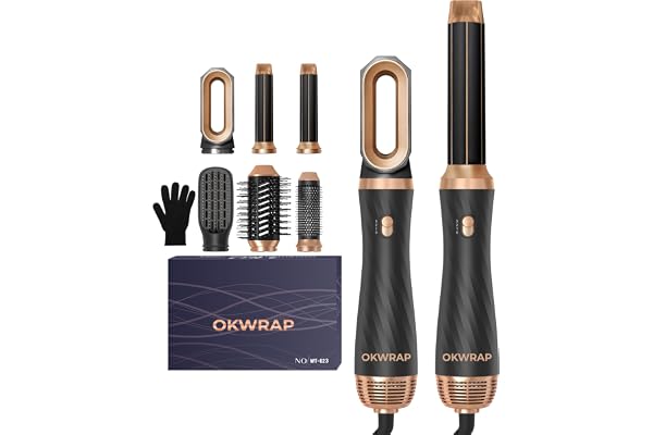 OKWRAP 6 en 1 Air Styler Brosse Soufflante Hair Styler Avec 6 Accessoires Seche Cheveux Fer a Boucler Brosse Soufflante, Brosse Lissante Pour Cheveux, Pour Sécher, Lisser, Set de coiffure