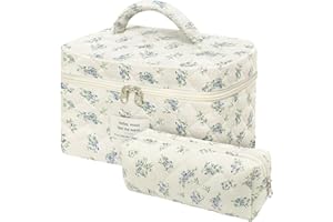 Gemtte Kosmetyczka damska, zestaw 2 sztuk, duża kosmetyczka dla kobiet z jasnoniebieskimi kwiatkami, kosmetyczka dla dziewcząt, estetyczna kwiatowa kosmetyczka na co dzień i w podróży