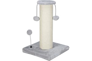 Dimaka Large Heavy Cat Scratching Post for Cats with 6" Wide Elevated Top Stand, Cat Tree Scratcher, 4.5" Dia. Big Sisal Rope Pole with 3 Teasing Balls, Extra Heavy Thick Stable Base (Grey)