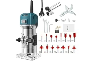 TICFOX Fresadora de Madera 800W, Recortadora fresadora vertical, 30000 rpm Rebajadora Eléctrica para madera con 6 velocidades variables y 15 fresas para biselar, ranurar, recortar y perforar