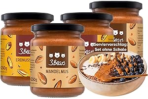 ‎3BEARS 3Bears Erdnussmus & Mandelmus, 100% geröstete Nüsse, glutenfrei und vegan, cremig und intensiv im Geschmack, jeweils 2 x 250 g