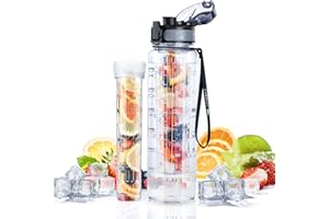 UTEBIT Water Bottle 1L with Fruit Infuser, 1 Litre Sports Water Bottle with Motivational Time Marker, Dishwasher Safe Leak-proof Bottle BPA Free Tritan for Outdoors, Camping, Gym, School, Office