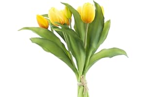 mucplants künstliche Tulpen Tulpenbündel mit 4 Tulpen und 3 Tulpenknospen real Touch (Gelb)