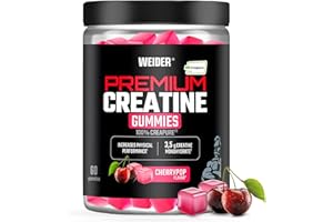 ‎WEIDER Weider Premium Creatine Gummies (60 żelek) o smaku wiśni, zawierające 3,5 g kreatyny monohydrat 100% Creapure na porcję, wspierają zwiększenie wydolności fizycznej (20 porcji)