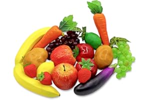 LAIIQI 18Pcs Fake Fruits Vegetables Realistic Artificial Frutis Foam Decoration Faux Fruit Lifelike Simulation Vegetable for Home Kitchen Festival Ornament Banana Eggplant Strawberry Carrots Plastic Lemon