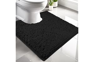 LUSCHEER Absorbent Chenille WC Toilet Rug Non-Slip U Shape Pedestal Mat Bath Mat, Extra Soft Fluffy Bathroom Toilet Mat for Floor, Quick-drying Machine-Washable, 50 x 50 cm, Black