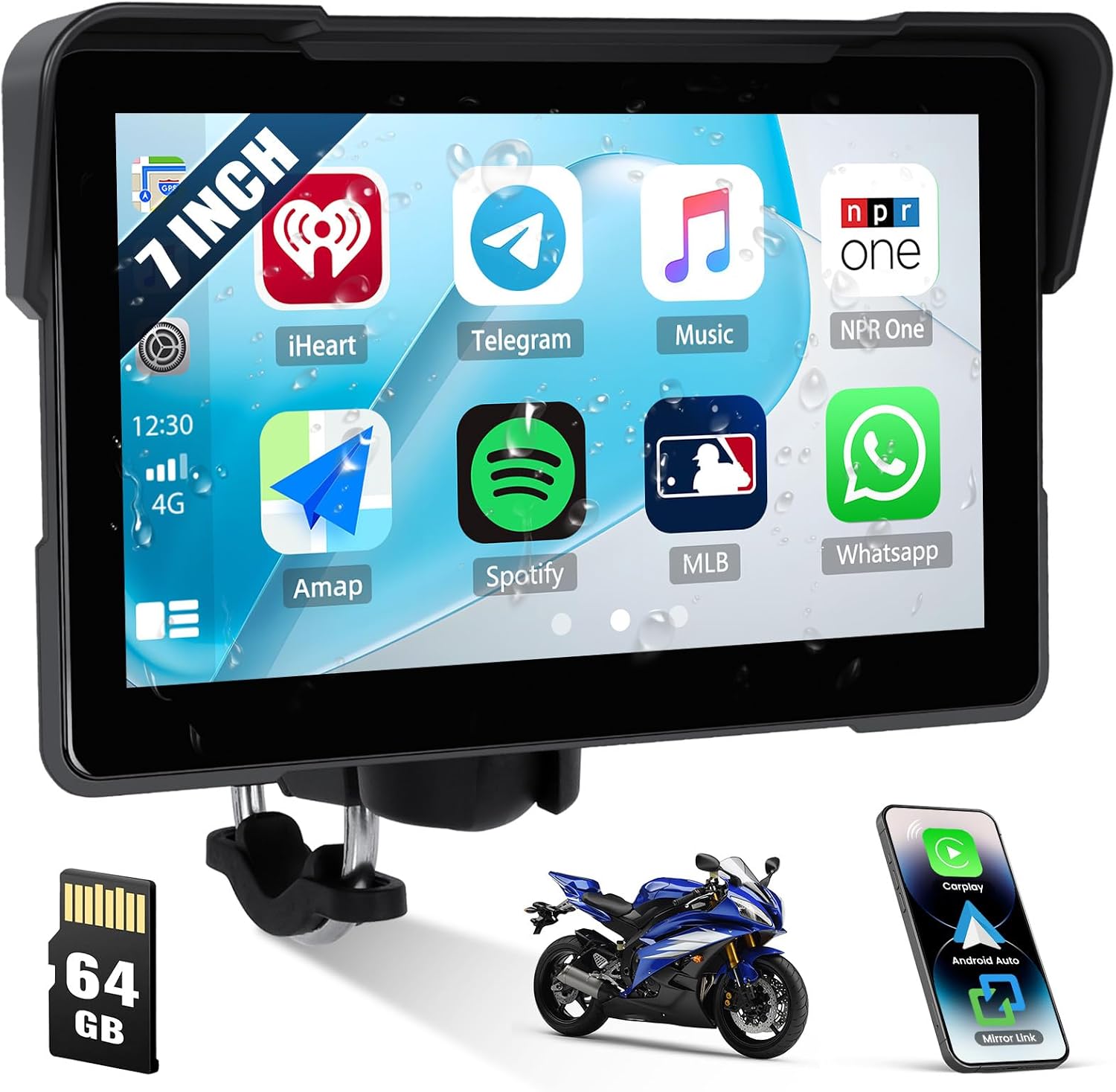 [2025] CAMECHO 7 Pulgadas Inalámbrico Moto Carplay Android Auto, IP67 Impermeable HD Pantalla Táctil GPS Display para Motos con Doble Bluetooth +EQ Airplay Android Cast Siri, G00gle Assistant