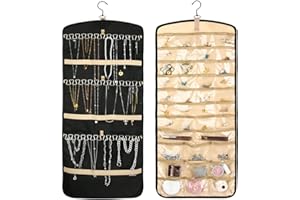 OTYMIOW Porta Gioielli Appendere con Gancio Portagioie Bifacciale Porta Collane da Armadio Appendere Organizzatore per Gioielli Appeso Portagioie da Parete Pieghevole (39 Tasche + 42 Ganci a Onda)