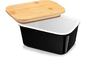 LOVECASA Butter Dish, Porcelain Butter Container with Wooden Bamboo Lid, French Butter Dish,Removable Silicone Seal, 500ml Black
