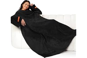 Winthome Coperta con Maniche - Coperta Pile Morbida e Calda, Plaid con Maniche con Velcro, Coperta Indossabile per Regalo Natalizio Donna Uomo, Risparmia Costi di Riscaldamento (Nero, 140x180cm)