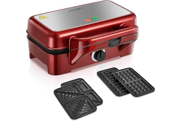 HOUSNAT Gaufrier 3 in 1, Appareil à Croque Monsieur avec Contrôle de Température à 5 Vitesses, Pour Gaufres Belges, Revêtement Antiadhésif, Parfait pour le Petit Déjeuner, Rouge