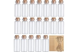 ATB-Foger 20 pequeños frascos de vidrio de 10 ml, pequeñas probetas con tapón de corcho, para decoraciones de bricolaje, regalos de boda, fiestas (20 cuerdas + 20 etiquetas para colgar)