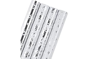 RUSPEPA Świąteczna rolka papieru do pakowania, srebrne płatki śniegu, laska cukrowa, kolekcja świąteczna z połyskiem folii metalicznej, 4 rolki, 76 x 305 cm na rolkę