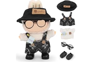 LEWOTE Ensemble de vêtements compatibles avec poupée Labubu - Accessoires décoratifs pour poupée de 17 cm (sweat-shirt, combinaison, chapeau, lunettes, bottes en cuir - Lot de 4)