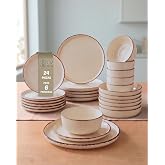 BAVARY Complete Beige Ceramic Dinnerware Set, 24 Pieces for 6 People - Dinner Plates, Honeos, Dessert Plates and Bowls Set -