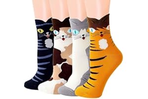 AWAVM Damskie bawełniane skarpetki z kotem, 4 pary, termiczne, ciepłe, zabawne skarpety dla kobiet, skarpety damskie, rozmiar 36-40, urocze skarpetki ze zwierzętami dla dziewcząt i kobiet, wygodne i