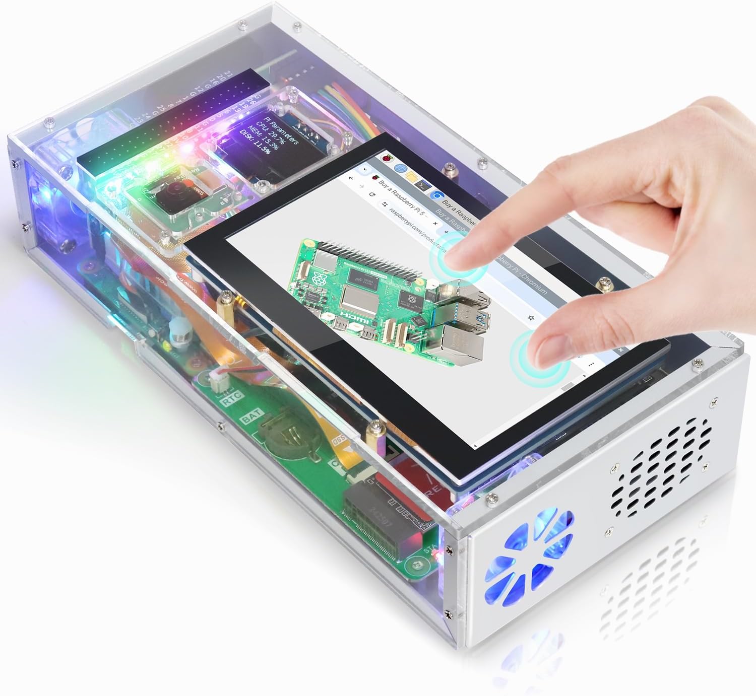 Freenove Computer Case Kit for Raspberry Pi 5 (Not Included), 128GB M.2 NVMe SSD 800 MB/s, 4.3 Inch Touchscreen, 5 MP Camera, OLED Screen, Stereo Speakers, 3.5 mm and Optical Audio (S/PDIF)