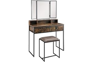MODERION Dressing Table with 3 Tri-Fold Mirror & 2 Drawer Stool Set, Makeup Vanity Table with Upholstered Chair, Industrial Vintage Design, (Vintage Brown A1)