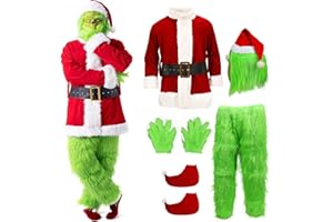 Yearsahrk Costume Grinch per adulti, 7 pezzi, costume da Babbo Natale, costume da mostro verde, costume per Halloween, cosplay