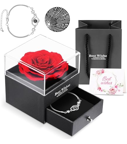 Sosayet Eeuwige echte roos met halsketting en oorbellen, handgemaakte geconserveerde rozen, echte roos, sieraden, geschenkdoos, cadeaus voor vrouwen voor Valentijnsdag, Moederdag, verjaardagscadeau