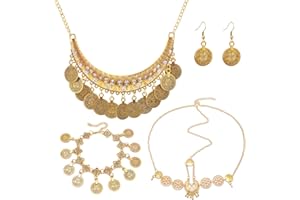 Hifot Zestawy biżuterii do tańca brzucha dla kobiet, dziewcząt, złota moneta, opaska na głowę, łańcuszek, naszyjnik, bransoletka, kolczyki, boho, indyjski zestaw biżuterii na Halloween, imprezę,