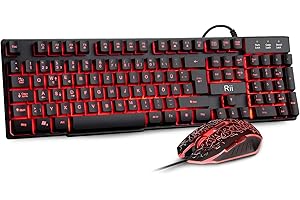 Rii Gaming Tastatur und Maus Set, 3 LED Hintergrundbeleuchtung, ideal für Gaming und Büro, Kompatibel mit PC (DE-Layout, Schwarz)