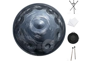 Elsebal Handpan D Minor 10-Note 440Hz Adult Steel Hand Drums(Gold) with Handpan Drum Bag, 2 Test Mallets, Hand Drum Stand,Music Note Stickers,Maintenance Oil and Wiping Cloth (Black storm 440hz)