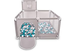 Selonis Parc Bébé Avec 400 Balles Plastiques Aire De Jeu Pliable Basket, Gris:Gris/Blanc/Turquoise