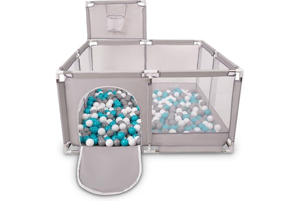 Selonis Parc Bébé Avec 100 Balles Plastiques Aire De Jeu Pliable Basket, Gris:Gris/Blanc/Turquoise