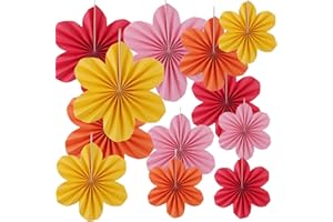 PARASTAR 12 Stück Papierfächer zum Aufhängen,Papierblumen Deko Hängend,Papier Blumen Hängende mit Schnur und Pin 20/25/35 cm für Partys, Hochzeiten, Festliche Dekorationen (Rot, Gelb, Rosa, Orange)