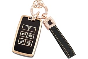 Koaudb Car Key Cover - 5 Button Fob Case for Discovery Sport, Defender, Range Rover Evoque, Velar, Jaguar XE, XF, XJ - TPU Protection with Leather Keychain - Shell Black Gold
