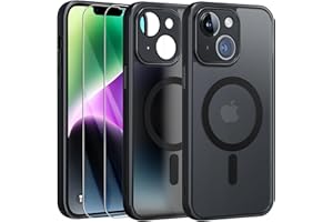 FLLAO Funda para iPhone 14, Compatible MagSafe, con 2 Piezas Protector de Pantalla Cristal Templado, [Protección de Cámara] Magnética Carcasa Translúcida Mate Trasera Fina Antigolpes, Negro