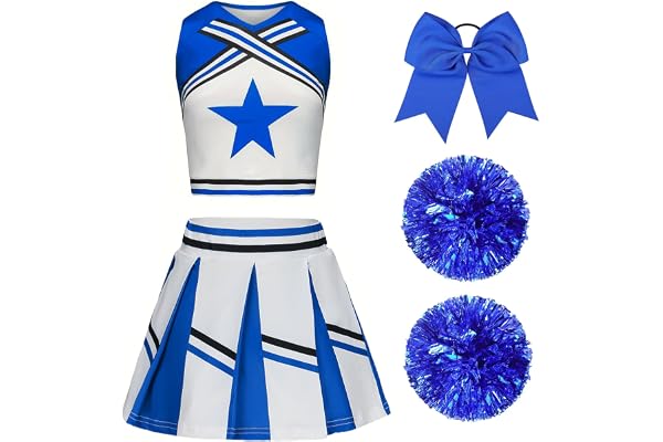 XFOZDM Deguisement Pompom Girl Fille, Deguisement Cheerleader Fille, Uniforme de Pompom Girl Fille avec Pompoms et Chaussettes Robe de Pompom Costume pour Enfant Halloween Carnaval Mascarade