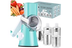 Ourokhome Rotary Cheese Grater Hand Crank, Kitchen Shredder Speed Mandolin Slicer Ice Shaver with Handle and Drum Blades for Cheese, Vegetable, Nuts, Chocolate, Potato, Carrot, 5 Blades, Blue