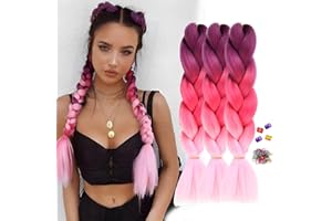 BouGPeng Treccine Extension per Treccine Africane 3Pezzi 24inch Ombre Jumbo Treccia Capelli Fibra treccia 100 g/pacco Kanekalon Treccia Capelli per Crochet Twist Intrecciare(Viola & Rosso & Rosa)