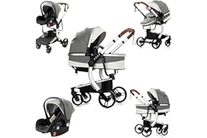 Nine point nine Cuero PU Carrito Bebe 3 en 1, Carricoche Bebe 3 Piezas con Capazo Grande Cómodo, Carro Bebe 3 Piezas Empuje Bidireccional Reversible, Cochecito Bebe Marco Aleación Aluminio (518 Grey)