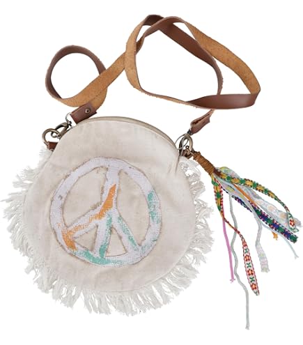 Wilbers Hippie-Tasche Mit Peace-Symbol – Jeansblau, Mit Fransen & Regenbogen-Trageriemen