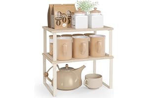 SONGMICS Półka na przyprawy, zestaw 2 organizerów kuchennych, półka kuchenna, organizer do szafki, mała półka, składana, materiał metal i drewno, trawertyn beżowy i kremowo-biały KCS020L01