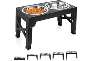 BOLLFO Elevated Dog Bowls, Raised Dog Bowl with Adjustable Stand, Double Dog Food and Water Bowl for Small Medium Large Dogs or Cat, 5 Heights 3.15”, 8.66”, 9.84”,11.02”,12.2” (Black)