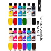 Rich Texco Akrilik Boya Seti, 12 Renk x 130 ml, Su Bazlı | Hızlı Kuruyan, Non-Toxic, Tuval, Taş, Ahşap, Karıştırılabilir Renk