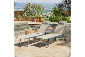 Avril Paris Lot de 2 Transat Inclinables et Empilables - Bains de Soleil en Acier Vert - Revêtement Textilène Beige - 2 roulettes - 5 Positions d'Inclinaison - 1 Coussin Relaxation - Sunny